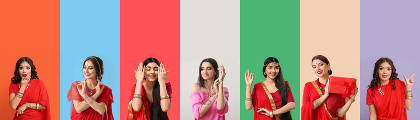 Poster - Set of beautiful Indian women on color background