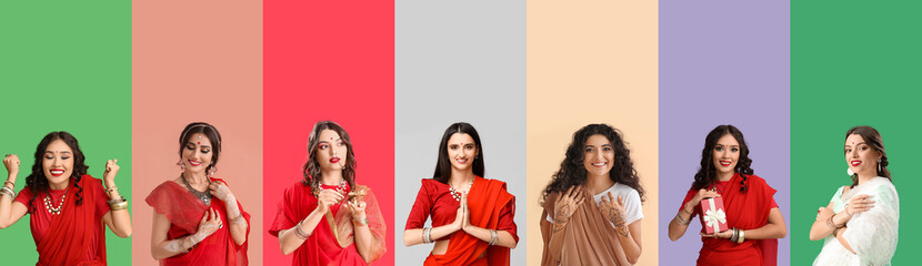 Sticker - Set of beautiful Indian women on color background