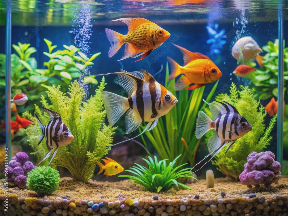Vibrant tropical fish including barb sumatran, angelfish, and tetra ...