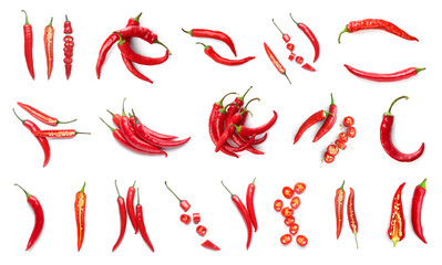 Poster - Set of hot chili pepper on white background, top view