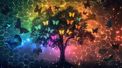 Wall Mural - An enchanting tree silhouette filled with glowing butterflies in a spectrum of colors, backed by a glowing hexagon honeycomb pattern