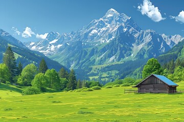 Wall Mural - Anime style mountains with gradient colorful flower field landscape landscape, spring meadow with flowers and tree blossom with sky in nature background