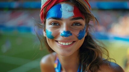  Happy French woman supporter with face painted in French flag colors, blue white and red, fan at a sports event such as football or rugby match, blurry stadium background and copy space 