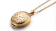 © Curie - Elegant solitary gold necklace with dainty oval locket pendant rests serenely on pristine white background, evoking luxury and refinement.