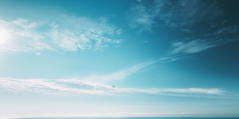 Wall Mural - Minimalist clean sky with a small white bird flying in the distance, shot from an aerial perspective