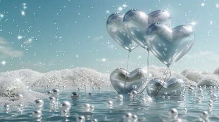 Canvas Print - Crystal clear waters, silver heart balloons, platinum pearls, stars, and a light petrol mist