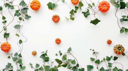 Canvas Print - Pumpkins and green leaves flat lay on white background with space for text