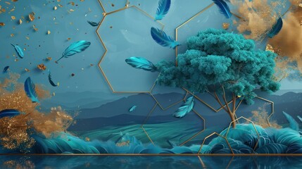 Wall Mural - Elegant art deco hexagon background in gold on deep blue, featuring a lush 3D tree mural with turquoise leaves, a gentle landscape, and vibrant blue feathers scattered throughout