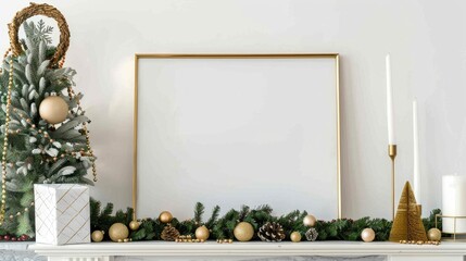 Festive gold poster frame with decorations, trees, wreaths, and elegant holiday accessories on a white mantle.