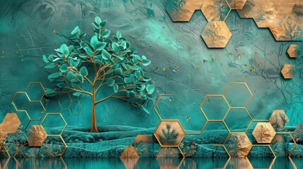 Wall Mural - Fresh and vintage-looking art deco hexagon background in gold on teal, with a lush 3D tree mural blending turquoise leaves and a landscape