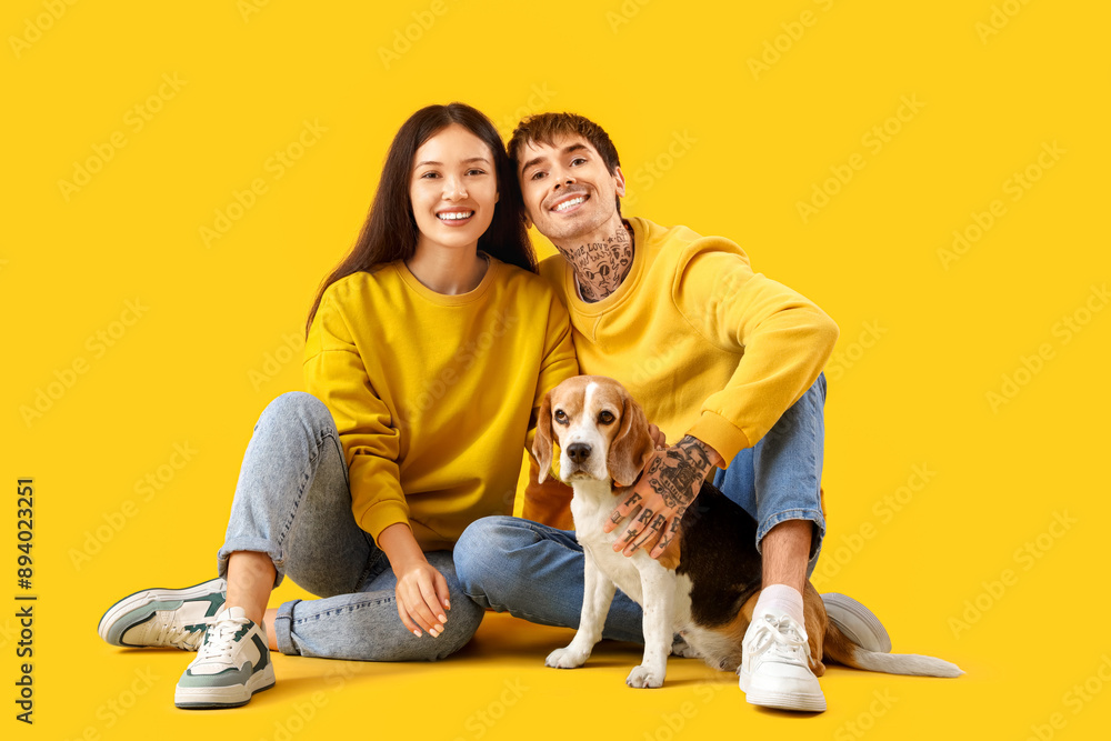 Young couple with Beagle dog sitting on yellow background