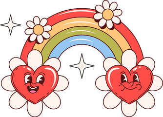 Canvas Print - Retro y2k groovy love colorful rainbow arching between two cheerful heart characters, adorned by white daisy flowers and stars. Isolated vector retro style personages exude love, joy and fantasy vibes