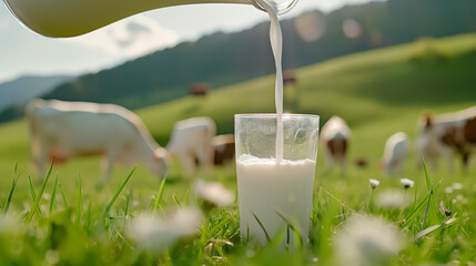 Pouring fresh milk in glass on green meadow with grazing cows, dairy farming concept, countryside scene, organic milk, rural landscape, blue sky, healthy drink