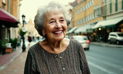 Wall Mural - Portrait of smiling senior woman standing in street at the coffee shop