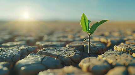 A small green plant is growing in the middle of a rocky desert. The plant is surrounded by dry, cracked earth and the sun is shining brightly overhead. Concept of resilience and hope