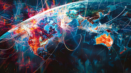 Wall Mural - A colorful image of the world with a blue planet in the center. The continents are shown in different colors and the oceans are also shown in different colors. The image has a futuristic