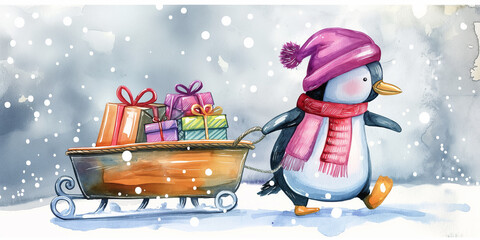 Wall Mural - Cute penguin pulling sledge full of christmas gifts in snowfall