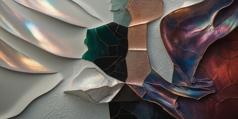 Wall Mural - Iridescent, metallic, and textured surfaces create an abstract design on a wall