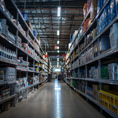 Warehouse shelves with boxes, products, and items. Storage room