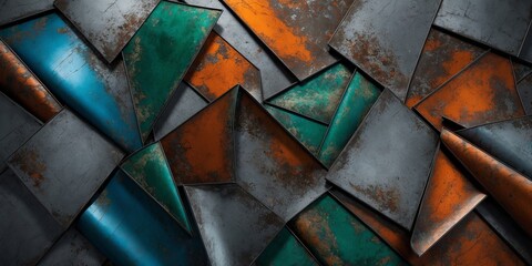 Wall Mural - Layered metal sheets in shades of blue, green, and orange with a distressed, rusted finish