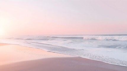 Wall Mural - A beach with a pink and white sky and a wave in the water