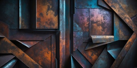 Wall Mural - Geometric, abstract textures of metal panels with a combination of rust, blue, and orange tones