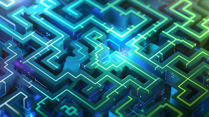 Wall Mural - A maze of green and blue lines that are connected to each other. The lines are in different colors and shapes, creating a complex and intricate pattern. Concept of confusion and disorientation