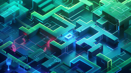 Wall Mural - A computer chip is shown in a green and blue color scheme. The image is abstract and has a futuristic feel to it