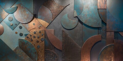 Poster - Distressed metal shapes create a modern, geometric pattern on a wall