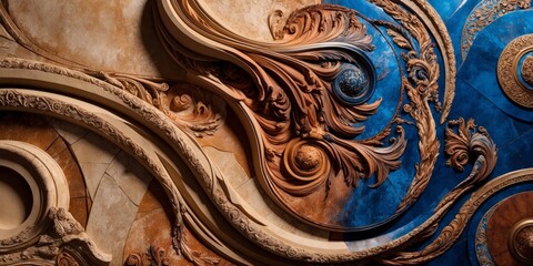 Poster - Intricate carvings in wood and plaster form a decorative ceiling pattern in warm, muted tones