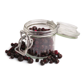 Poster - Glass jar with freeze-dried black currant on white background