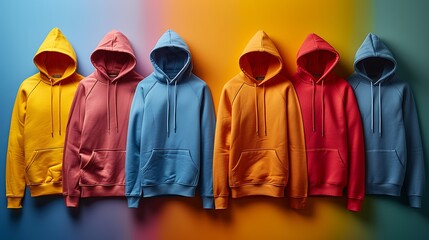 Wall Mural -  Several hoodies spread on colorful background 