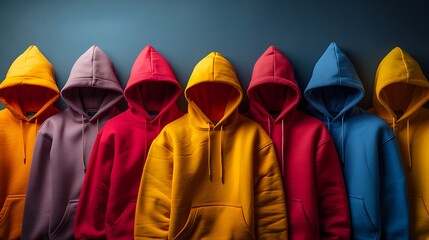 Wall Mural -  Several hoodies spread on colorful background 