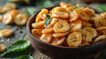 Wall Mural - A bowl of banana chips on top of green leaves, banana fried and dried fruit.