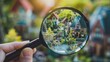 © suyu - Hand Holding Magnifying Glass Examining House Model for Real Estate Selection and Property Investment Concept
