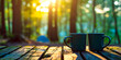 © Gabriela - Two cups of coffee sit on a wooden table in a forest. Camp in blurred background. The sun is shining through the trees, creating a warm and inviting atmosphere. The cups are filled with coffee