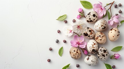 Wall Mural - Springtime Delights: Easter Quail Eggs and Flowers on White Background. Perfect for Spring Holidays. Top View with Copy Space.