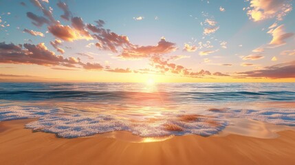 Wall Mural - 3D beach sunset with warm colors and detailed sand textures, 8K quality, serene and beautiful