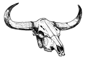 Wall Mural - bull skull engraving black and white outline