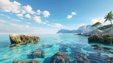 Wall Mural - 3D coastal scene with rugged cliffs and clear blue water, ultra-detailed, 8K quality 