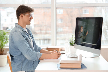 Wall Mural - Male student studying Math online at home