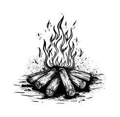 Wall Mural - campfire engraving black and white outline