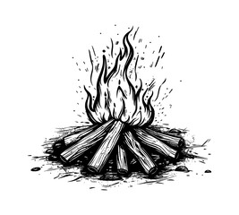 Wall Mural - campfire engraving black and white outline