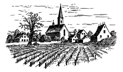 Wall Mural - european village engraving black and white outline