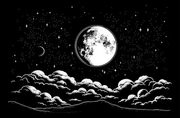 Wall Mural - full moon night sky engraving black and white outline