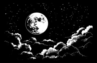 full moon night sky engraving black and white outline