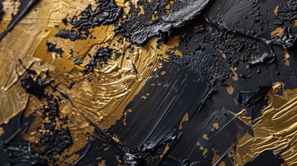 Poster - A close-up of an abstract painting texture with a rough, dark gold color and pallet knife paint applied on canvas using a geometric spatula method and oil acrylic brushstrokes.