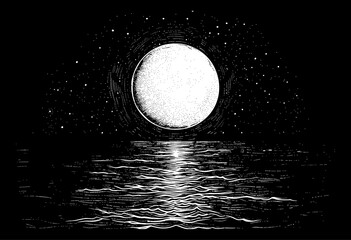 full moon sea engraving black and white outline