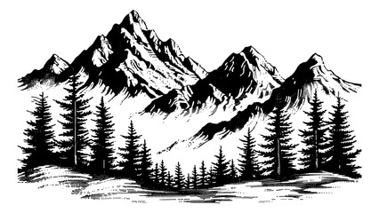 Wall Mural - mountain forest engraving black and white outline