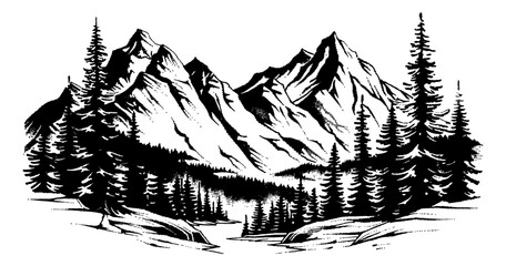 Wall Mural - mountain forest engraving black and white outline